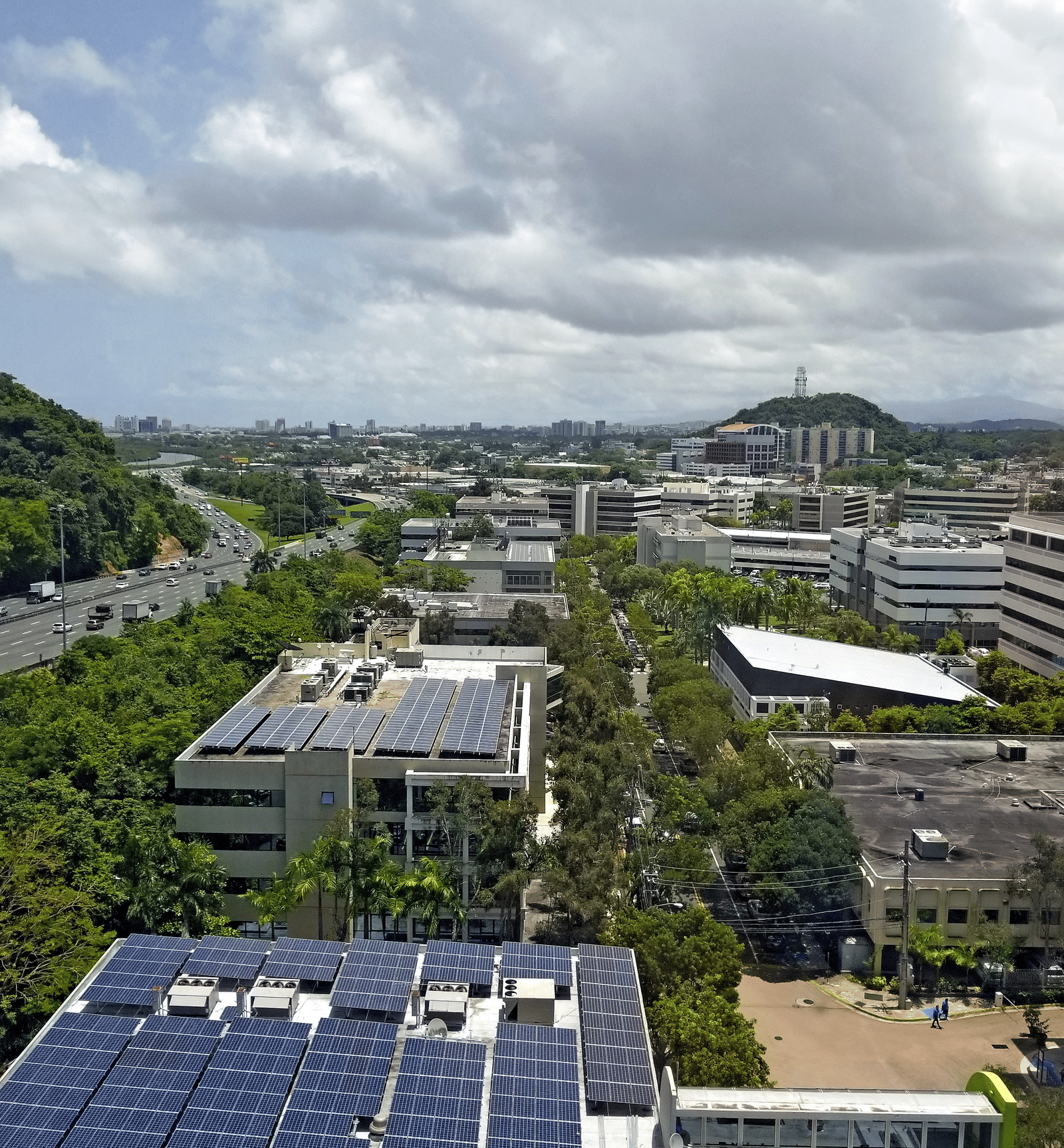 Bird eye view of a city with a solar panel in view