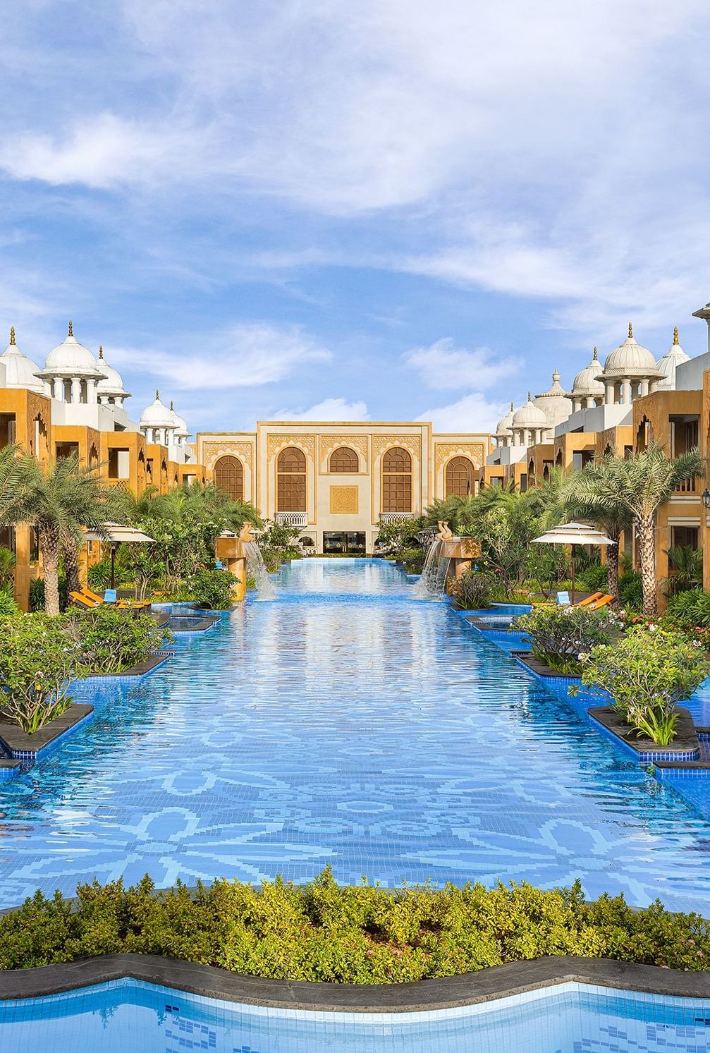 Grand view of the central water feature surrounded by luxurious architecture at our palace - Kaldan Samudhra
