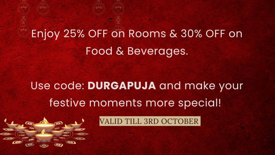 Festive red banner with decorative lamps, highlighting 25% off rooms and 30% off food and beverages, valid till 3rd October at Ascot Hospitality