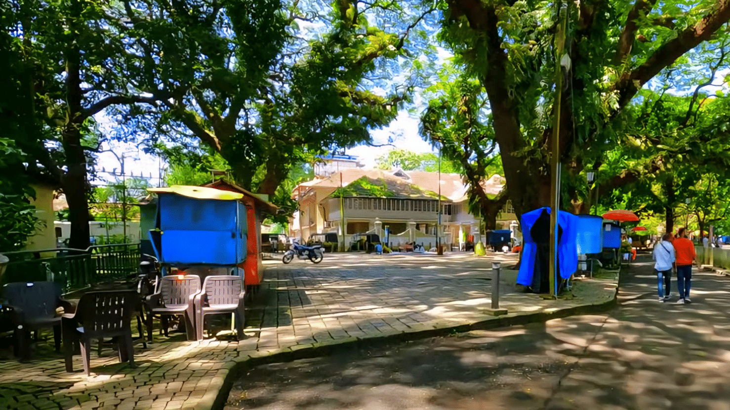 A sunny park area in Fort Kochi with large, shady trees, small vendor stalls, and historic buildings in the background.