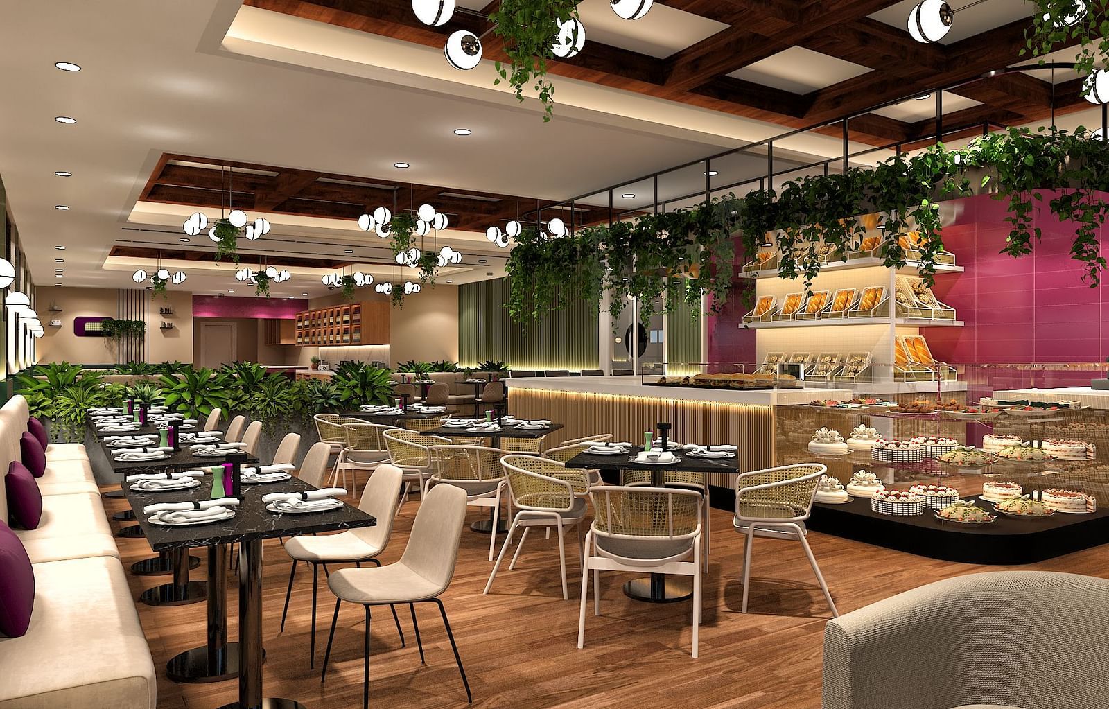 Multi-cuisine restaurant in Kinshasa at Kertel Suites with decorated with green plants and well arranged chairs