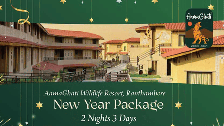 Creative of New Year package at Amaghati Wildlife Resort, Ranthambore for 2 Nights and 3 Days which includes Gala Dinner, discount on rooms, DJ, live dance, and more. 