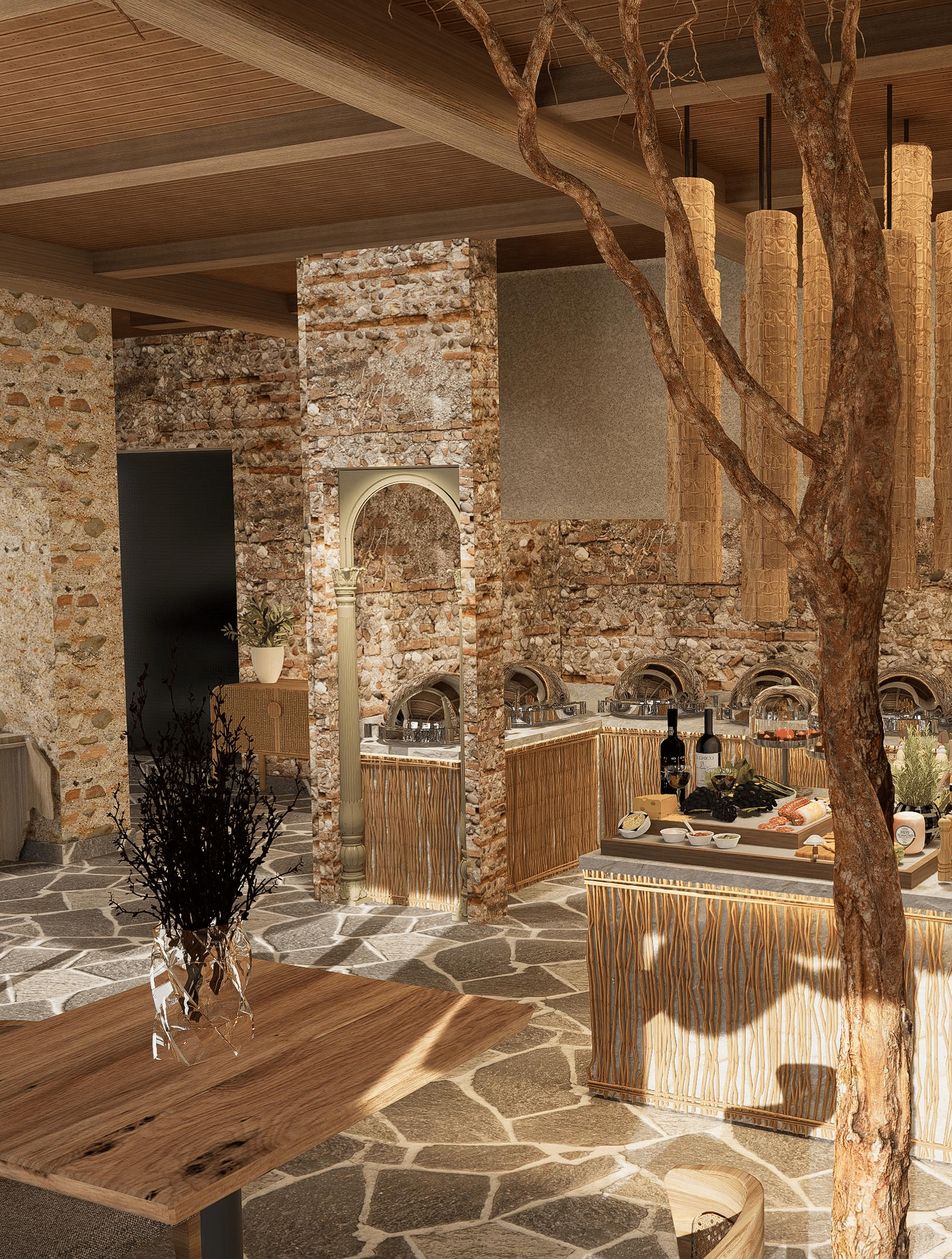 Elegant dining space with tables, chairs, and a chandelier suspended from the ceiling at The Evren, Vagator.