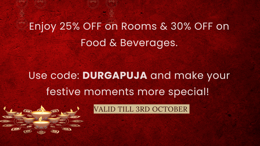 Festive red banner with decorative lamps, highlighting 25% off rooms and 30% off food and beverages, valid till 3rd October at Ascot Hospitality