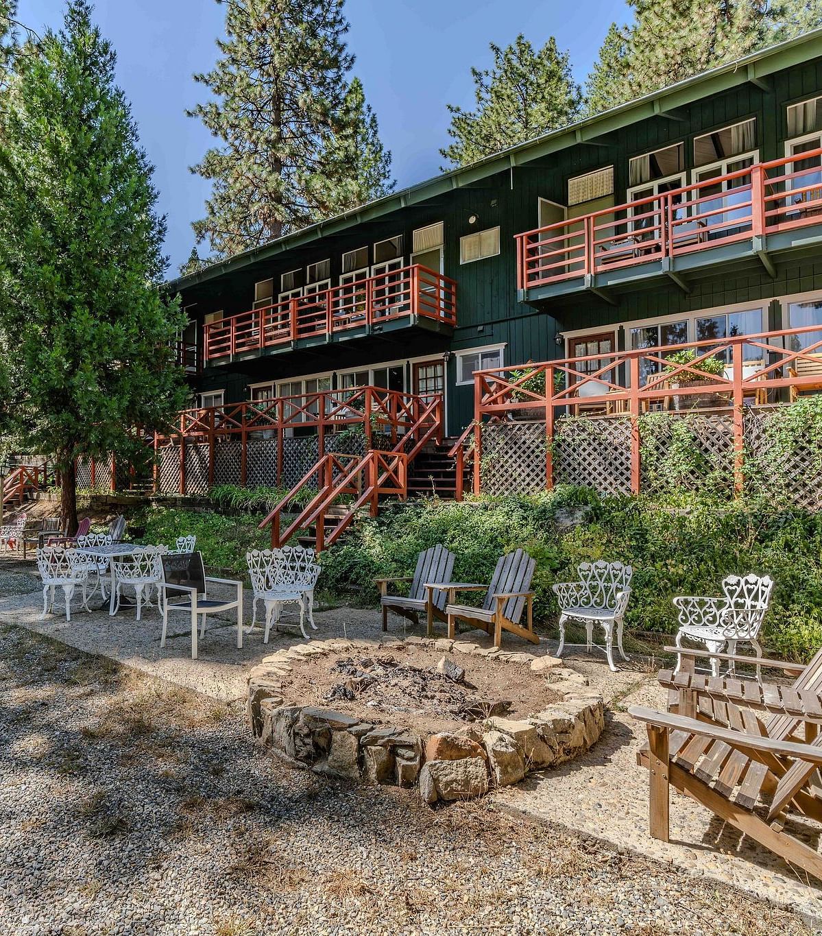Seating in front of the facade of Narrow Gauge Inn.