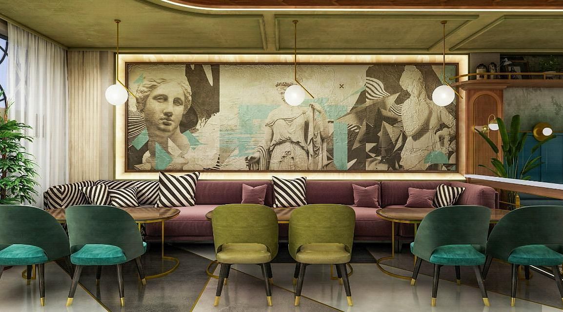 An image of a restaurant at Themis Barbecue House, Panipat featuring sofa and chairs with centre tables 