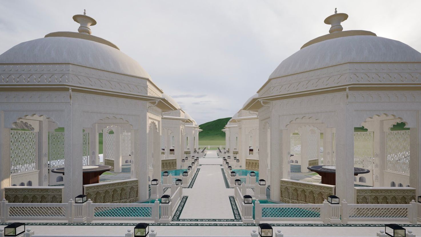 the gazebos of Panch Mahal with dome shape arranged in a line over shallow body of water seen during a sunset - Kaldan Samudhra Palace