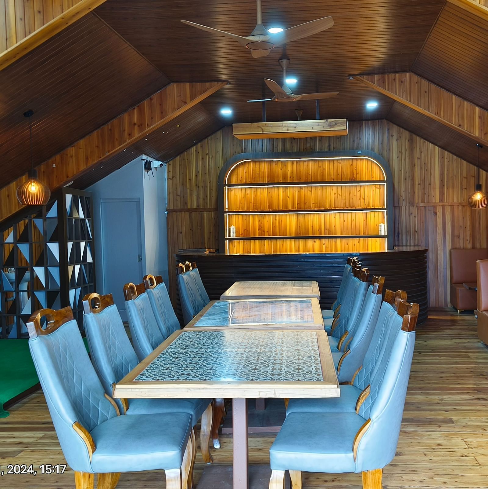 seating space for dining with wooden ceiling