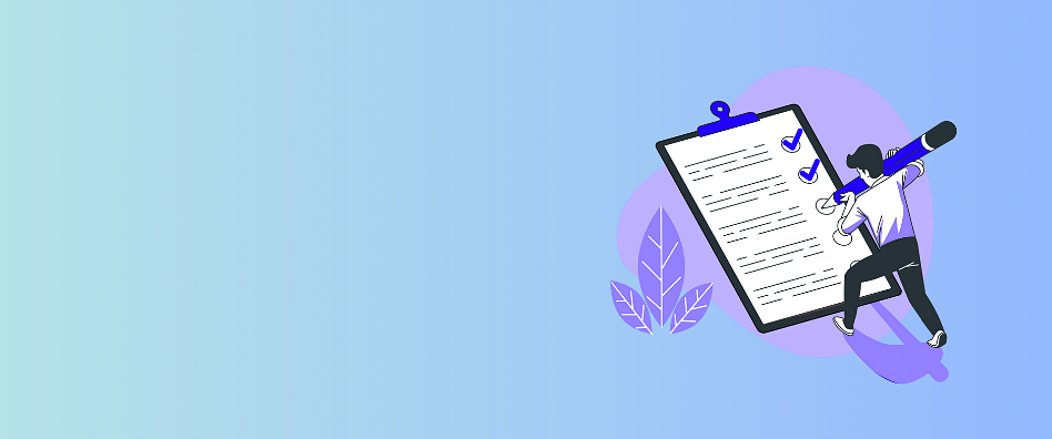 Illustration of a person checking off items on a large clipboard with a checklist, set against a blue and green gradient background with leaf graphics.