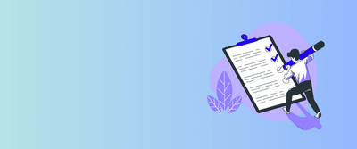 Illustration of a person checking off items on a large clipboard with a checklist, set against a blue and green gradient background with leaf graphics.