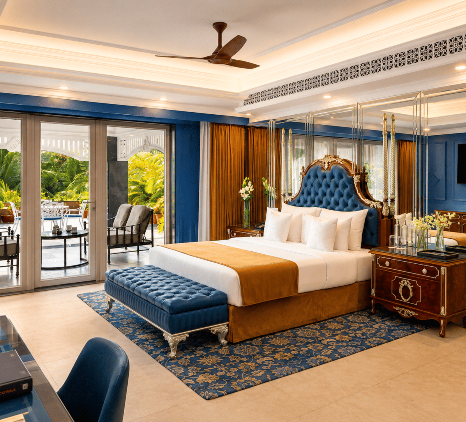 Presidential villa bedroom with a king bed, a tufted bench, a wardrobe and a terrace with outdoor seating at MAYFAIR Palm Beach Resort, Gopalpur-on-Sea.