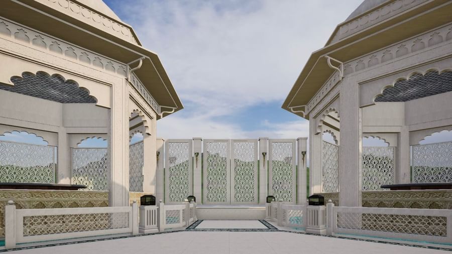 a cosy corner of Panch Mahal featuring two gaint gazebos with octagon shaped domes on either sides - Kaldan Samudhra Palace