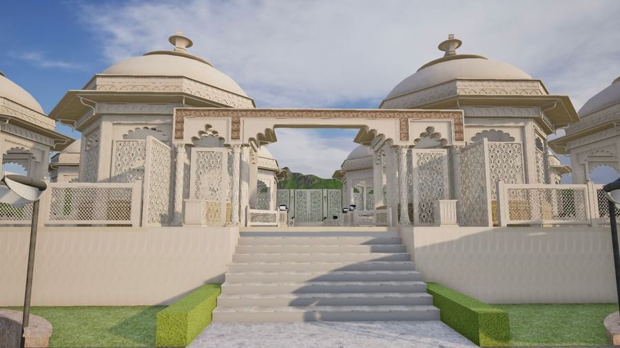 The entrance of Panch Mahal featuring stairs serenaded by manicured lawn on sides, an arched entrance, and gazebos with intricate rajput architecture - Kaldan Samudhra Palace