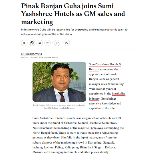 A creative image of Sumi Yashshree Hotels in the press blog which highlights the achievements  of Pinak Ranjan Guha