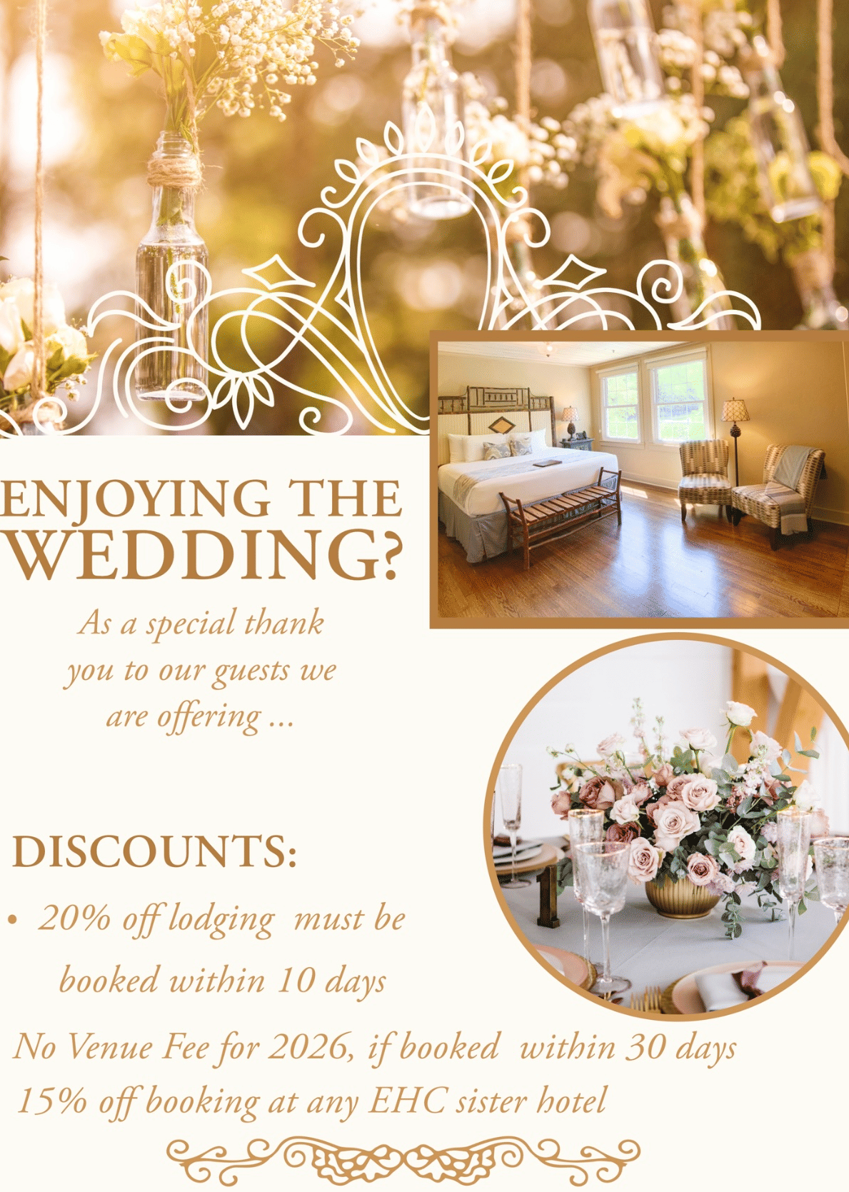 Wedding offer poster from Abaco Inn showing floral decorations, a hotel room, and a dining table with flower arrangements.