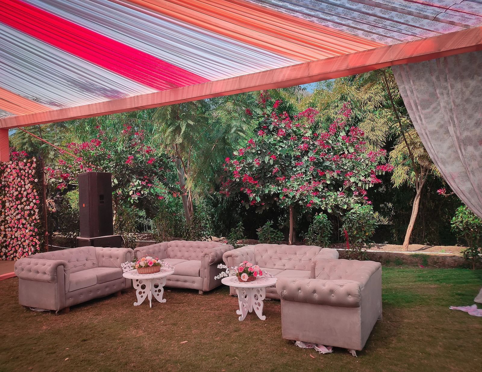 Outdoor event setup with plush sofas, small tables, and a colourful draped ceiling. - Bamboo Saa, Udaipur 