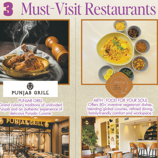 A promotional press graphic titled '3 Must-Visit Restaurants of Gurugram.' The right-hand column features 'On Kourse' at Karma Lakelands, showcasing a dish and the restaurant interior.
