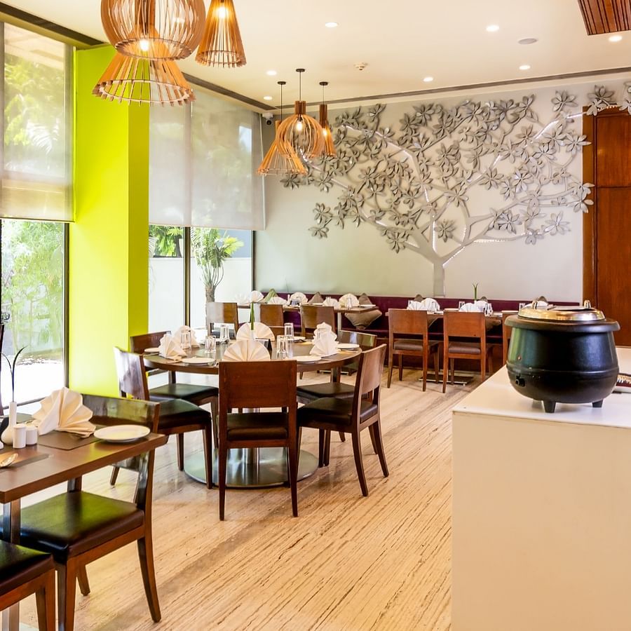 A long shot of the Mehak restaurant at Marasa Sarovar Portico, Rajkot 