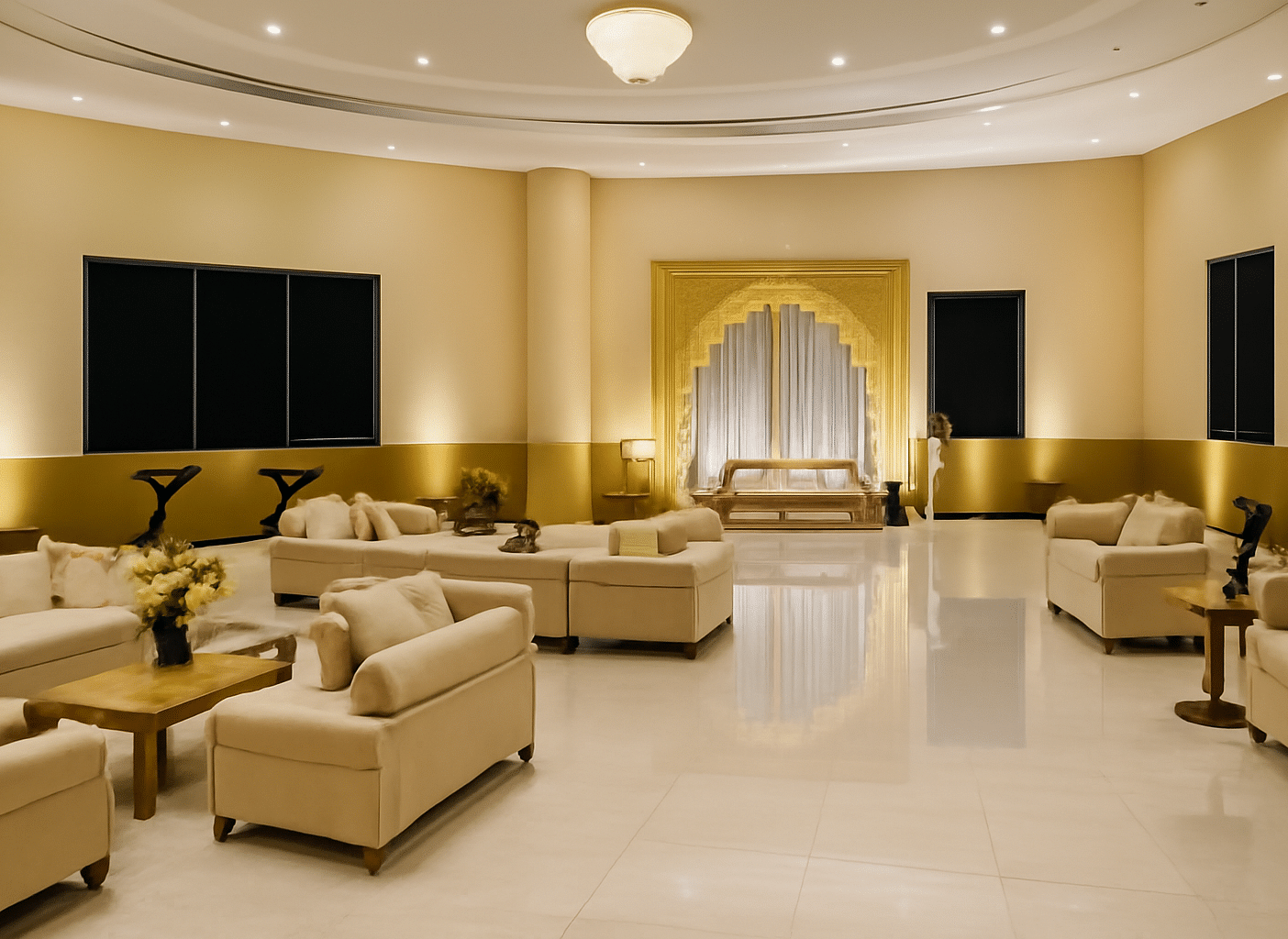 An indoor event space features neutral-toned seating arrangements and a stage area | Banquet Hall | The Qualia Resort Club & Brewery, Udaipur