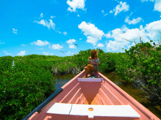 A view from the front of a boat or raft, moving through a lush green landscape under a blue sky.