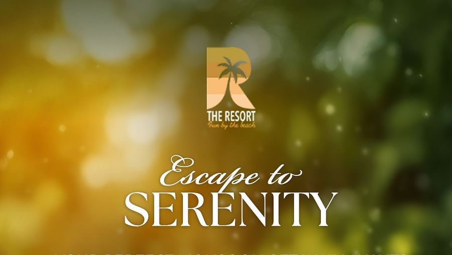 Creative for the Escape to Serenity Package with a hand pushing a yellow paper boat on water, with a blurred backdrop of green foliage and a golden glow. The text lists inclusions and booking details.