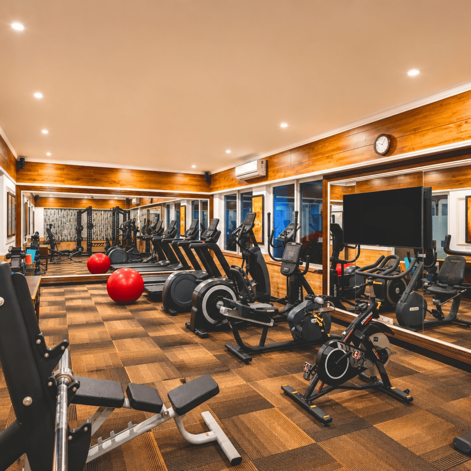 Fitness centre with treadmills, exercise bikes, a weight bench, stability balls and a wall-mounted television at MAYFAIR Palm Beach Resort, Gopalpur-on-Sea.
