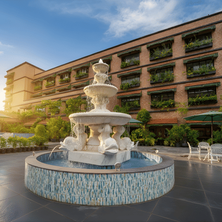 A courtyard fountain with multiple tiers, flowing water, surrounding outdoor seating and the resort’s facade in the background during sunset at MAYFAIR Bay Resort, Paradeep.