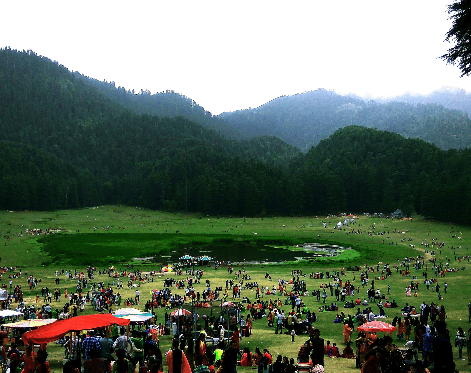 An overview of Khajjiar, very close to DLS Nature Trinket—one of the best Resorts in Dalhousie, with many people looking in the distance and mountains in the background.