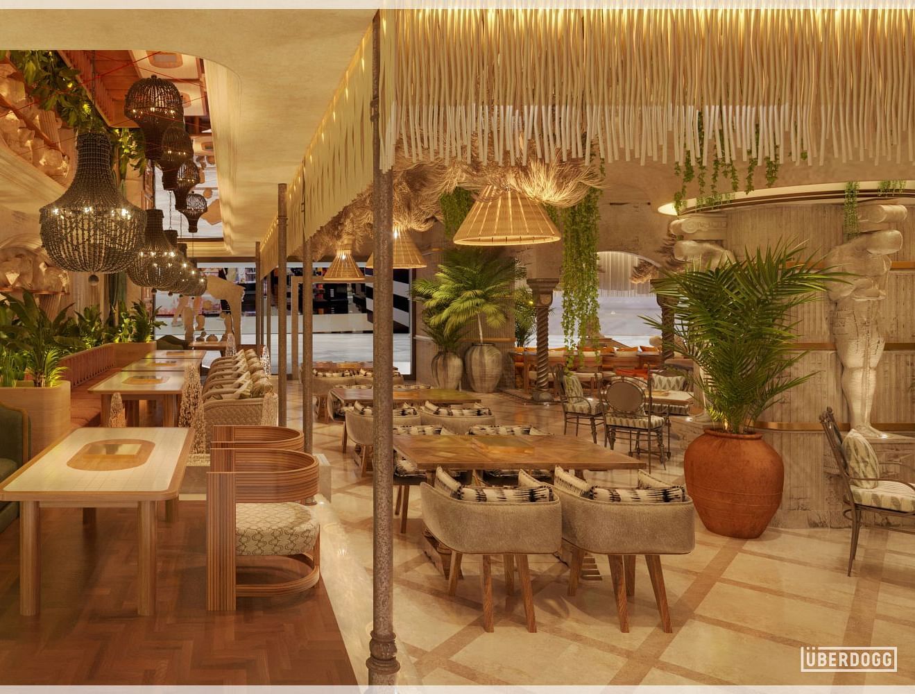 A chic dining area with contemporary furnishings accented by classical sculptures and plants at Themis Barbecue House, Ambience Mall, Gurugram