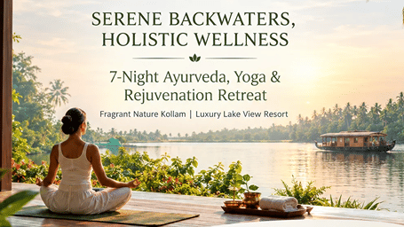 A 7 night Ayurveda and yoga retreat offer at Fragrant Nature Kollam featuring 1,09,200 INR single occupancy, 1,72,200 INR double occupancy, daily meals, daily massages, and a boat cruise.