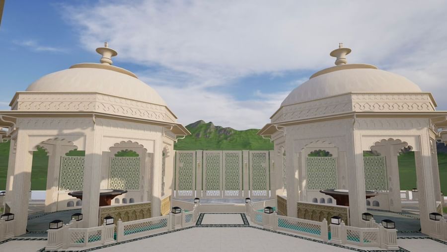 the two towering domes of Panch Mahal, each featuring octagon shaped domes, a cosy dining arrangement, and intricate Rajput architecture like the ornamental lattice screens - Kaldan Samudhra Palace