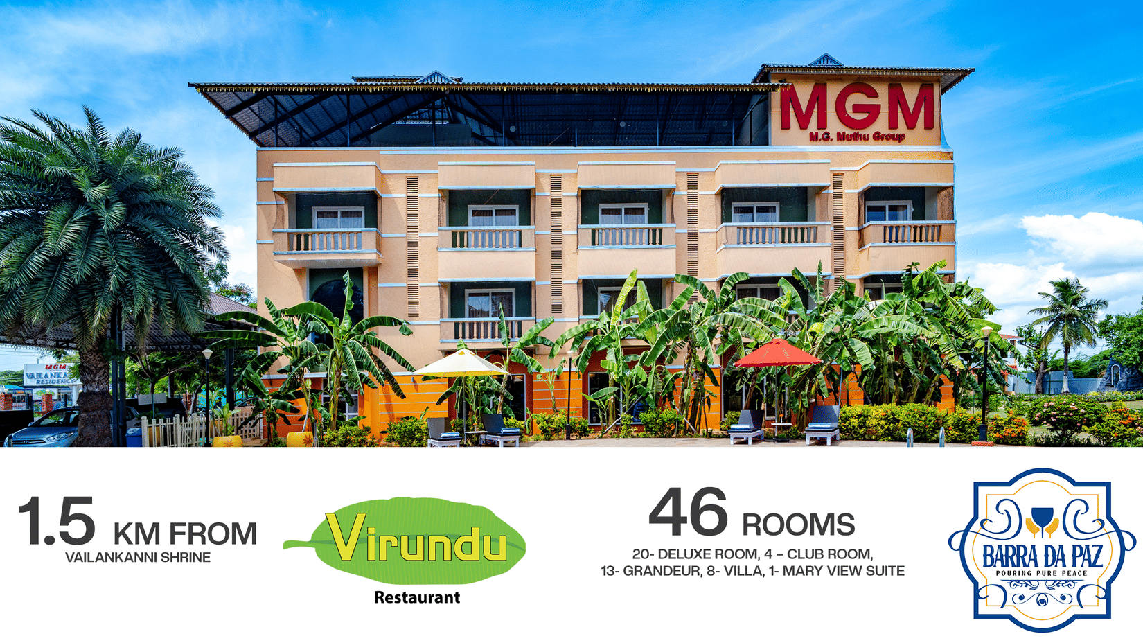 Front view of MGM hotel in Vailankanni with palm trees, poolside seating, and banners showing distance to shrine, room count, and restaurant logos.