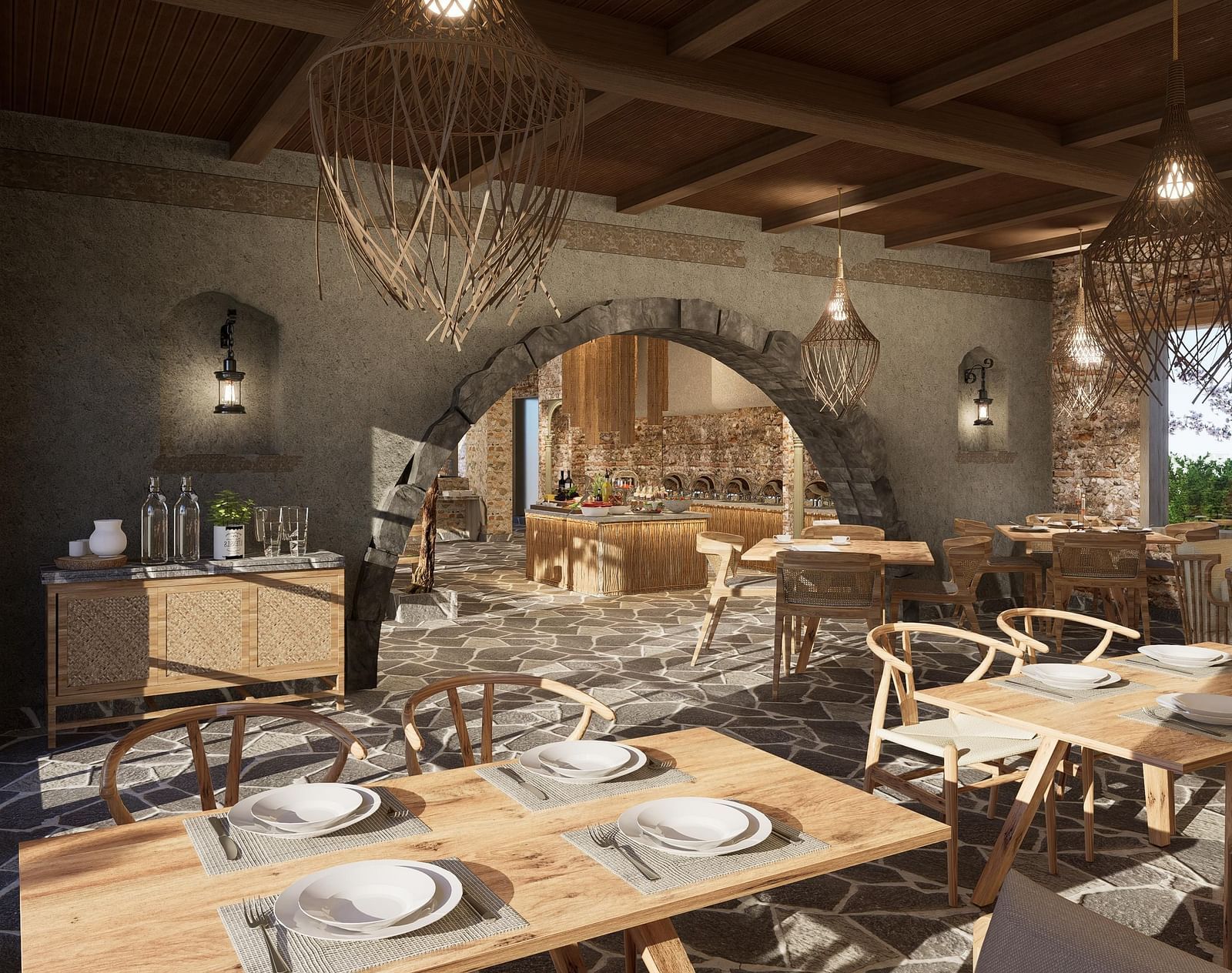 A restaurant with neatly set tables and chairs, featuring woven light decorations hanging at The Evren, Vagator.