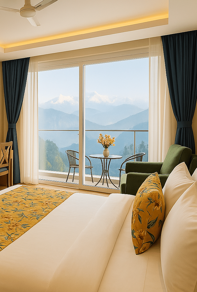 Side view of King Executive View Room With Balcony featuring a cosy bed, wall-mounted TV, and a large window at Summit Norling Resort & Spa, Gangtok