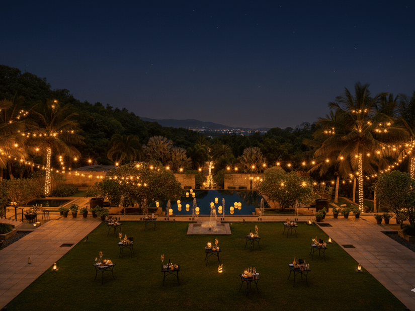 Outdoor lawn at The Serai set up with festive string lights for a New Year's Eve gala.