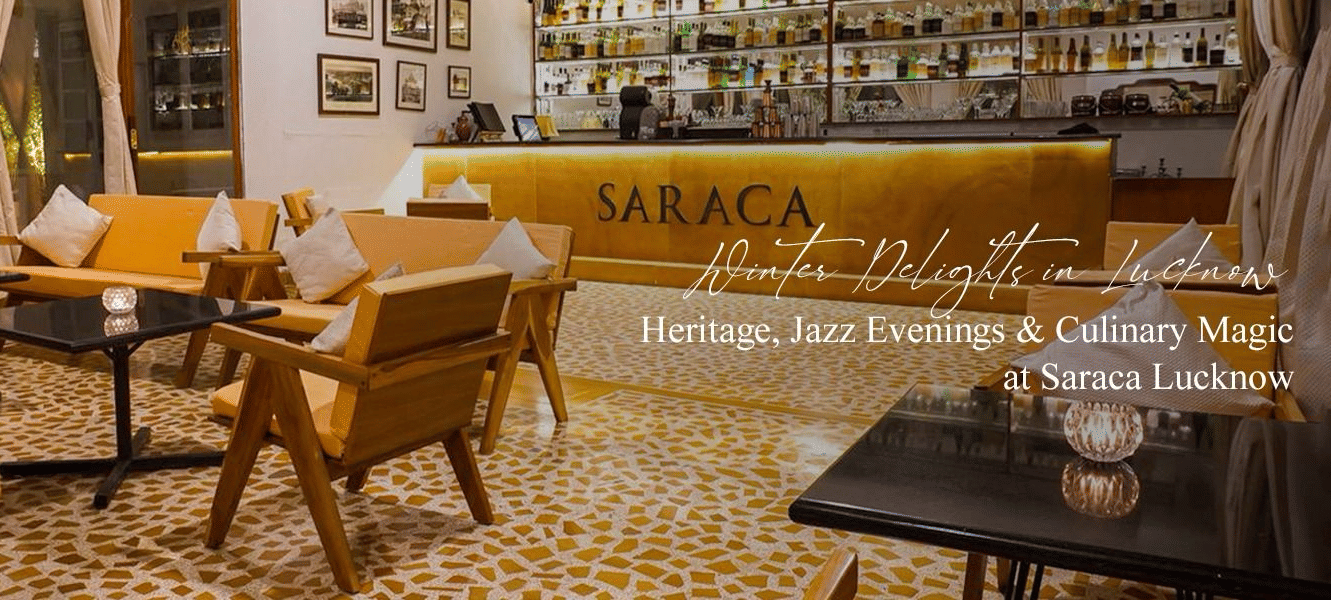 A cafe interior with stylish wooden furniture, warm lighting, and elegant decor, creating a relaxing setting for enjoying coffee and winter delights at Saraca Lucknow.