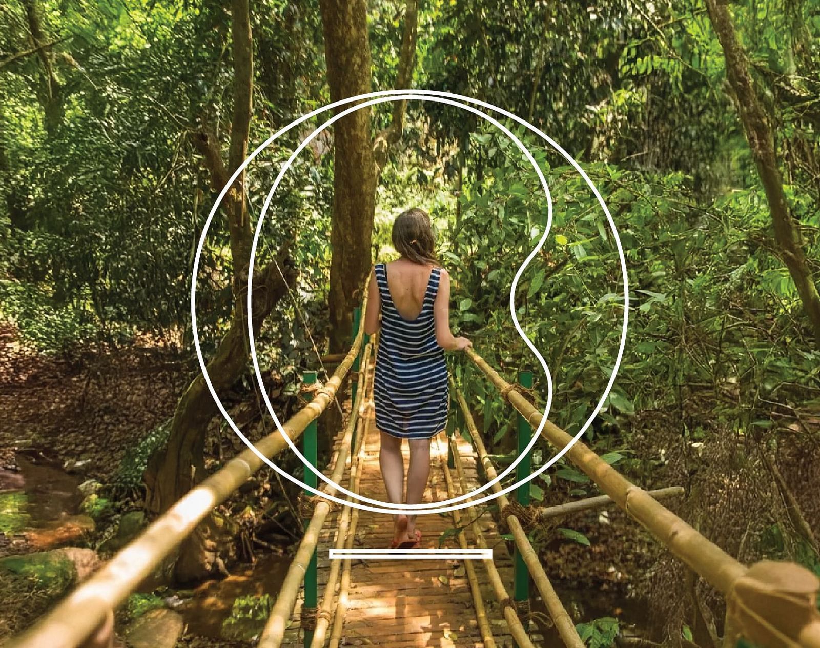 Back shot of a woman walking down a bamboo bridge in a lush green forest.