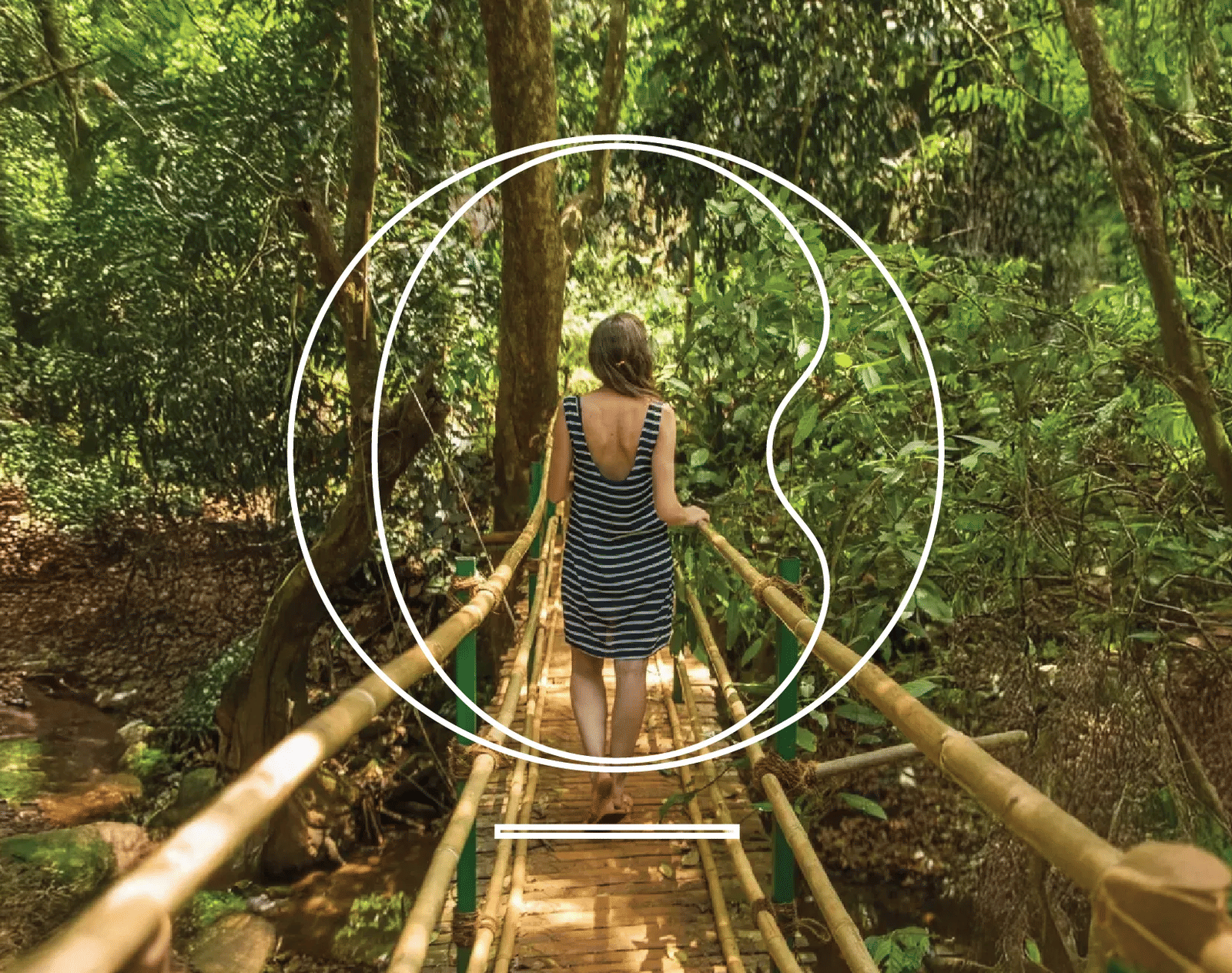woman walking away on bamboo bridge through dense tropical forest surrounded by lush greenery and sunlight filtering through trees canopy, one of the North Goa attractions to be experienced with MIROS