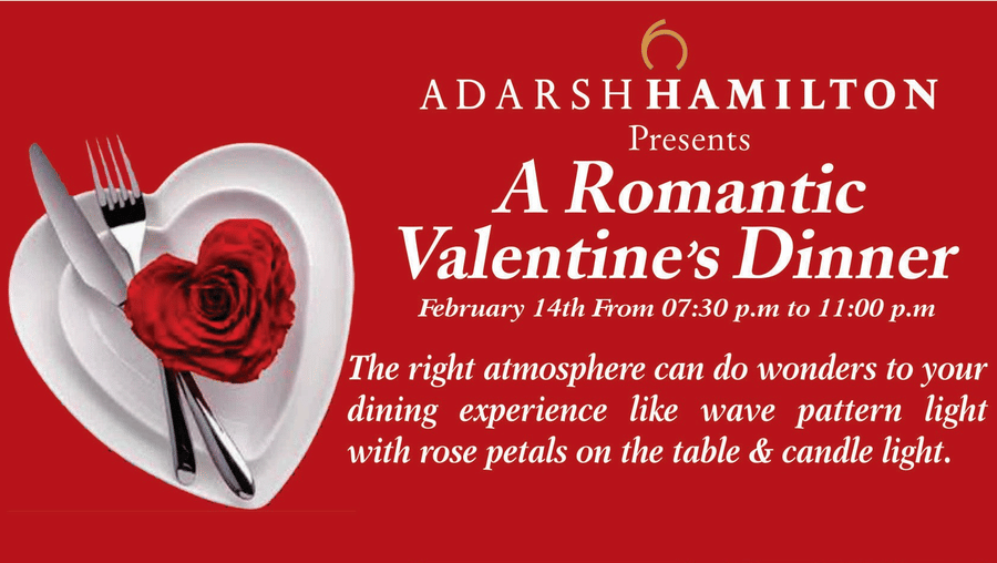 Adarsh Hamilton Valentine’s Day romantic dinner buffet with candlelight setup, wine, dessert, and special couple offers in Bengaluru.