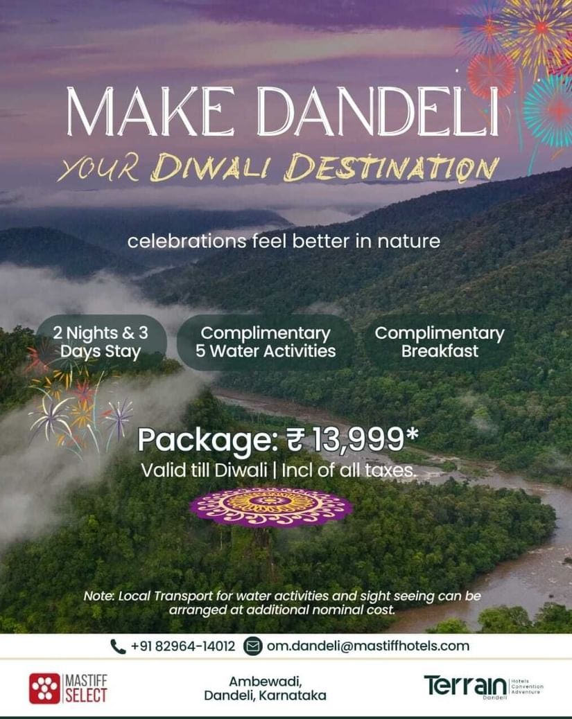 Promotional banner for a Diwali holiday package in Dandeli, showing river, hills, and forest with text for a three days and two nights stay, complimentary activities, complimentary breakfast, and package price.