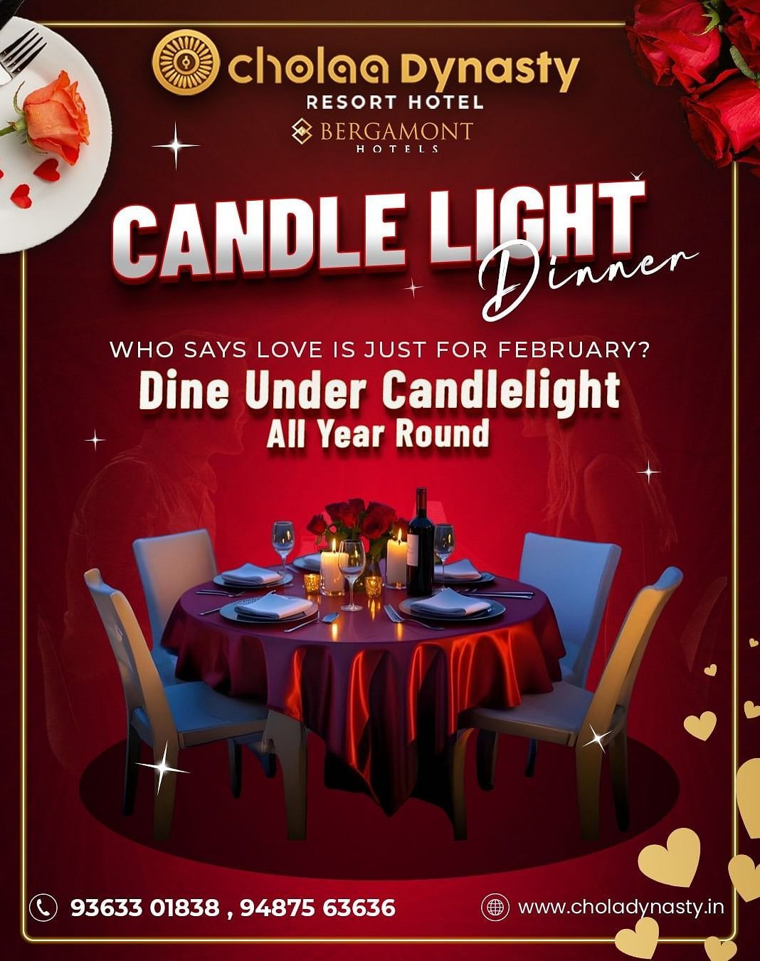 A Candle Light Dinner at Chokha Dynasty Desert Hotel, featuring a romantic table setup with decor, roses, wine, and candles. The text highlights that guests can dine under candlelight all year round, not just for February. Contact number is provided at the