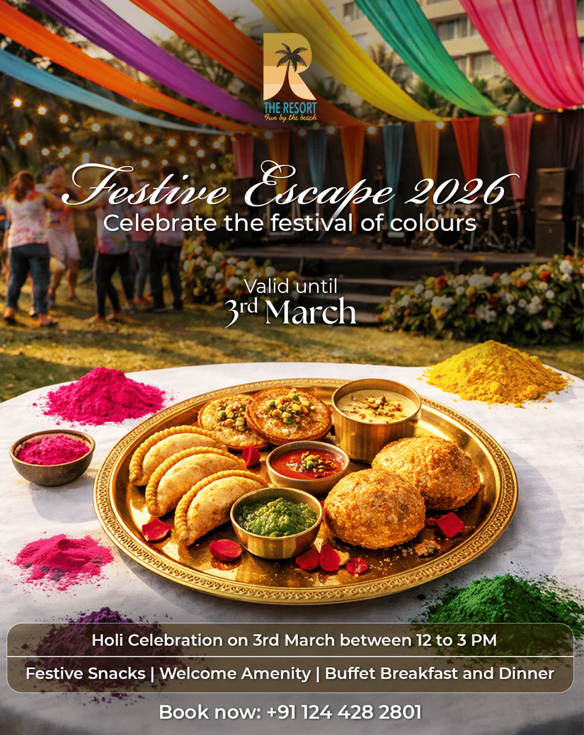 Festive Escape at The Resort with colourful drapes, Holi powders, and Indian snacks for the 3rd March celebration.