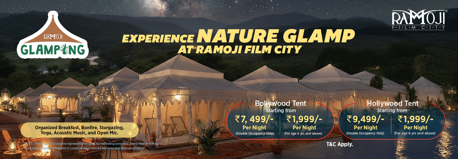 Banner for Ramoji Glamping at Ramoji Film City, showing luxury tents and nature setting with pricing details.