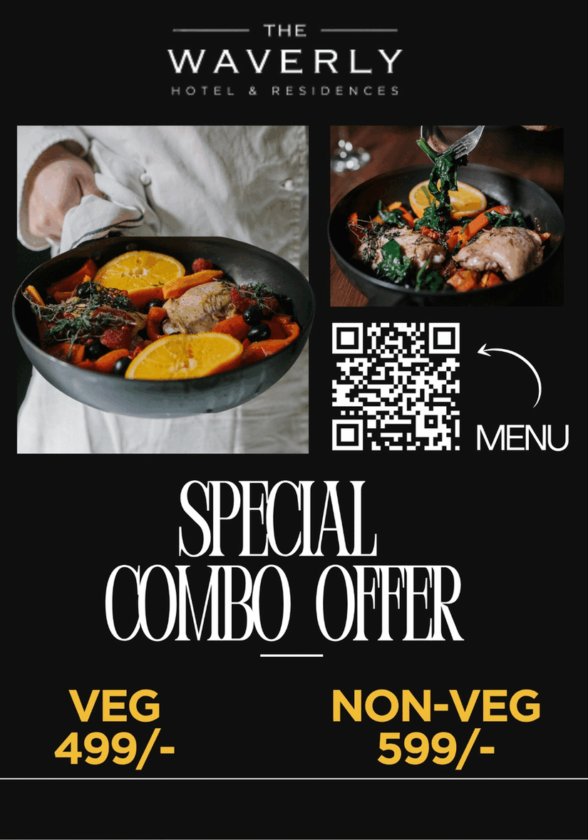 Animated promotional GIF showcasing The Waverly's F&B Special Combo Offer – includes the combo front page with veg and non-veg pricing, QR code for the menu, and a detailed sizzlers menu highlighting a variety of dishes with vibrant food imagery.