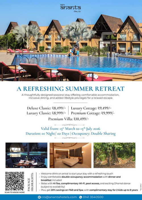 A creative for Ananta Gir a Refreshing Summer Retreat package with prices, dates, and amenities.