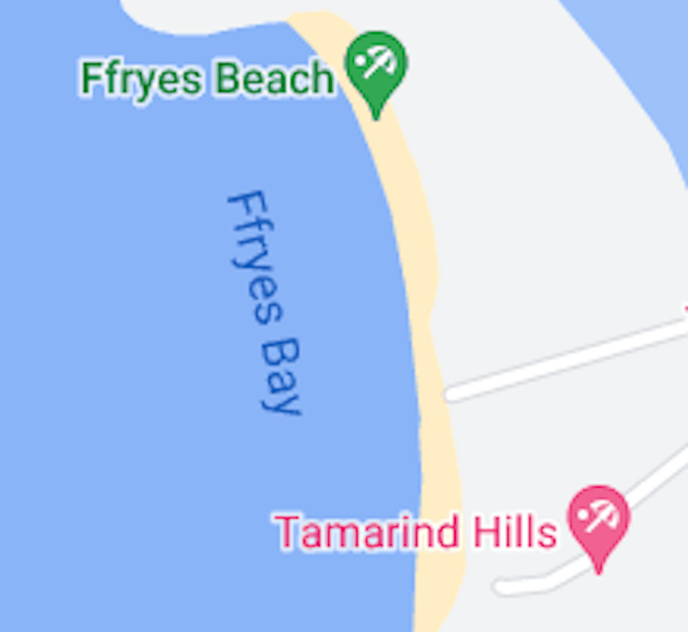 The map shows Ffryes Beach and Ffryes Bay, with Tamarind Hills located nearby on the coast of Antigua.