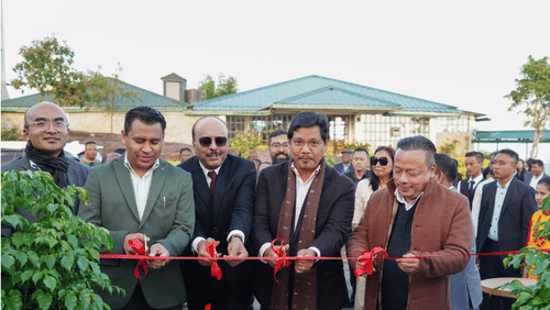 Officials cutting a ribbon at the inauguration of new luxury suites and banquet hall in Sohra, marking a boost to high-end tourism - Hotel Polo Towers Group
