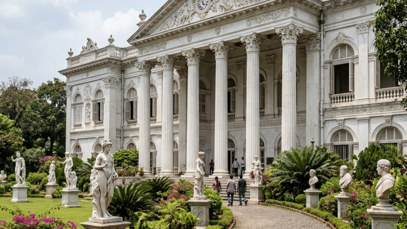 Heritage mansion with ornate columns, arched windows, and manicured gardens at Marble Palace, Kolkata.