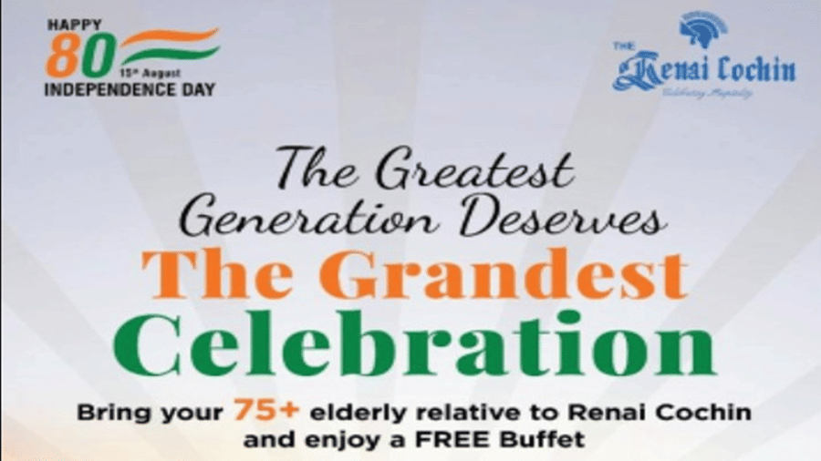 Celebrate Independence Day at The Renai Cochin with a 75+ elderly relative, enjoy a free buffet and get 15% off on your buffet. Book now.