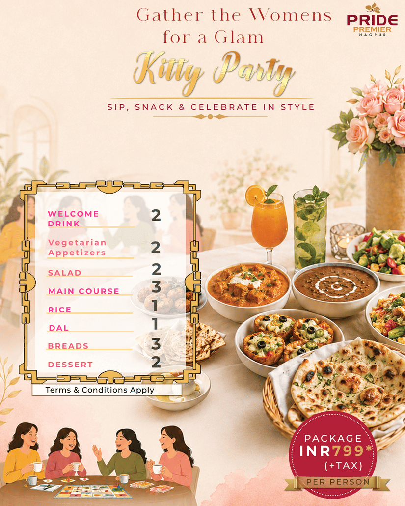 Promotional poster for Pride Hotel Group's kitty party package featuring food spread illustrations, pricing details, and a tagline inviting women to gather for a glam dining experience.